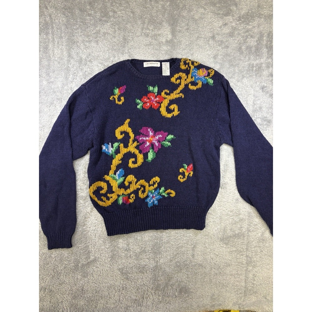 VTG Liz Claiborne Women's Sweater Floral Navy Blue Silk Blend Medium 0729
